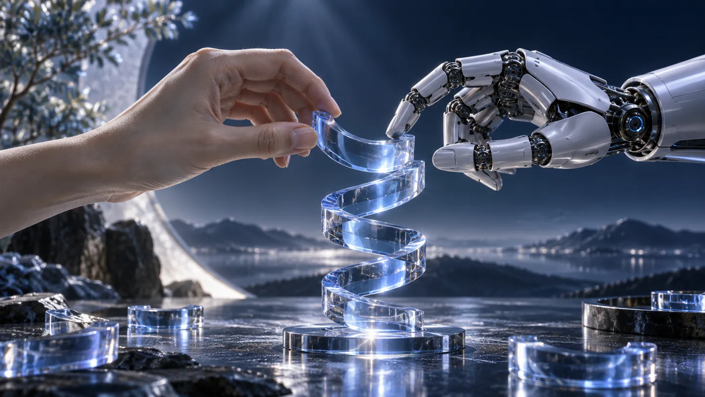 人类与机械共同搭建透明结构，象征技术协作与工作方式的变化。AI 生成的主题插画。
