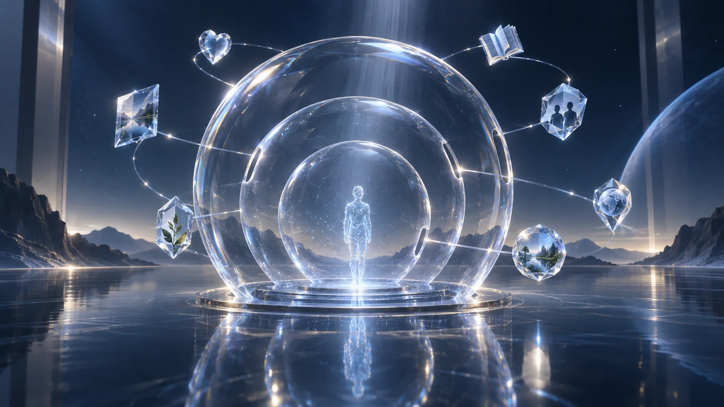 个人位于透明的权限边界之中，不同生活记录围绕其展开。AI 生成的主题插画。